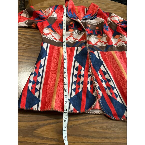 Orange blue white Aztec print open front long ruffled sleeved collared jacket - Picture 7 of 7